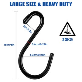 Bolatus Pack of 6 S Hooks Large 6 inches / 15 cm Maximum Load 20 kg S-shaped Hanging Hooks Black Heavy Duty Metal Hooks Anti-Rust Hooks for Kitchen Bathroom Bedroom Office Stainless Steel Hooks