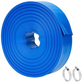 LINEX 2 IN x 100 FT Pool Backwash Hose - Heavy Duty Reinforced PVC Drain above Ground Swimming Pool Hoses, Flat Water Hose for Sump Pump Waste Discharge & Sand Filter Drainage, with Clamp (Blue)