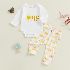MAHUAOYIXI Infant Baby Boy Girl 1st Birthday Outfits Long Sleeve Sun Letter Print Romper Jumpsuit Bodysuit with Long Pants 2Pcs Sets First Happy Birthday Clothes for Little Boy (White, 6-12 Months)