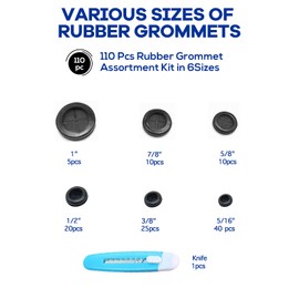 Boatsea 110 PCS 6 Size Rubber Grommets for Wiring, Double Sided Round Rubber Hole Plug, Firewall Grommet Rubber Hole Plugs, Drill Hole Sizes of 1/4" 3/8" 1/2" 5/8" 7/8" 1", Black