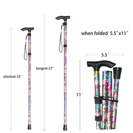CLOKTA Folding Cane, 5-Level Adjustable Height Lightweight Portable Foldable Walking Canes with Wrist Strap and T Handle for Men Women Seniors (Big Pink Flowers)