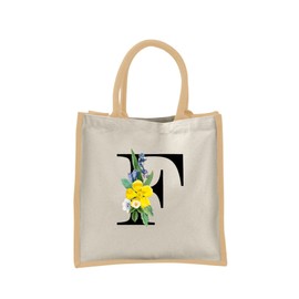Monogram Initial Canvas Jute Tote Bags for Women - Cotton Shoulder Bags, Reusable Bags for Shopping, Gift bags, Book Bag, Travel Bag, Shopper Bags - Floral Letter F - Natural - L
