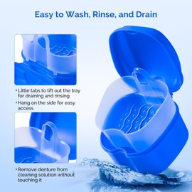 JMU Denture Case, Denture Cup for Soaking Dentures with Strainer Basket Tray, Navy Blue Mouth Guard Storage