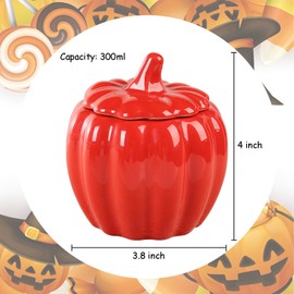 Recipiente de calabaza de cerámica, 3.8 x 4 pulgadas, recipiente de calabaza de Halloween, tazón pequeño de caramelo de otoño con tapa, tarro de comida de caramelo de calabaza y galletas, tarro de