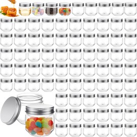Maxcheck 105 Pcs 3 oz Wide Mouth Mason Jars Clear Plastic Jars with Lids Mini Storage Containers Bulk for Herb Jelly Wedding Favors Shower Party Favors(Silver)