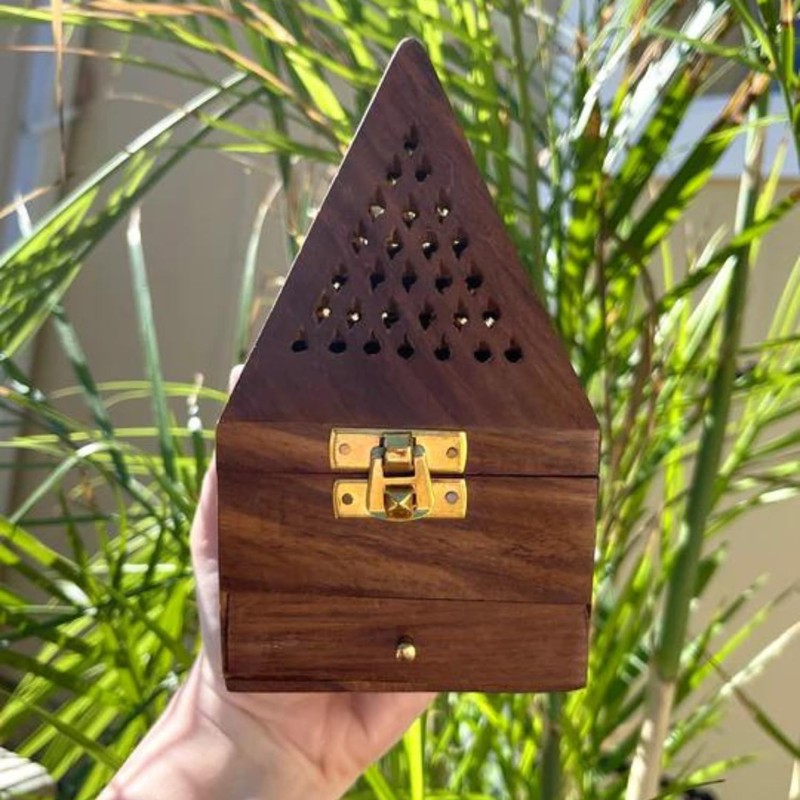 vrinda Wooden Pyramid Cone/Charcoal Burner with Storage Net Carving