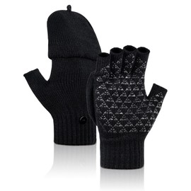 Kiiwah Winter Non-Slip Fingerless Gloves, Unisex Convertible Thermal Half Finger Gloves, Non-Slip Knitted Gloves for Men and Women, Driving, Sports, Outdoor, black