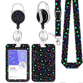 Neon Stars Retractable Badge Holders with Lanyard,Glittering Rainbow Star Id Card Holder Keychain Vertical ID Protector Clips,Funny Name Tags Clips with Heavy Duty Badge Reel for Women Men