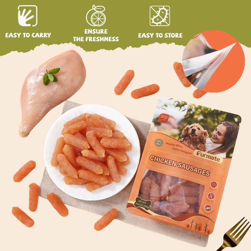Furmate Dog Treats, Soft Chicken Sausage Jerky for Dogs, Real