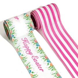 HIENAJ 2 Rolls Easter Ribbon for Wreath Bow Wrapping Gifts, Pink Stripe Happy Easter Ribbon for Gift Wrapping Decoration Party Supplies Craft 2.5" X 10 Yard Wired Spring Easter Theme Wreath Ribbon