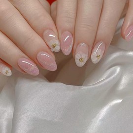JUSTOTRY 24 Pcs Floral Almond Short Press on Nails,Nude Fake Nails with White Flower Pattern,Glossy False Nails Medium for Nails Art,Daisy French Oval Stick on Nails for Women and Teens Gifts