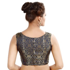 Madhu Fashion Blusa tradicional de sari sin mangas con brocado de banaras para mujer, Azul marino, 42