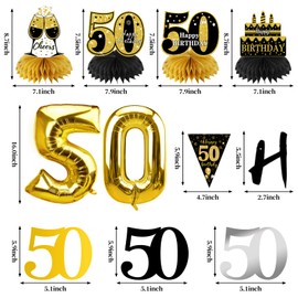 Guiruiy 13PCS 50th Birthday Decorations for Men Women, Black Gold Happy 50 Birthday Banner Centerpieces Swirls Balloons Kit Party Supplies, Fifty Years Old Bday Ceiling Table Topper Decor