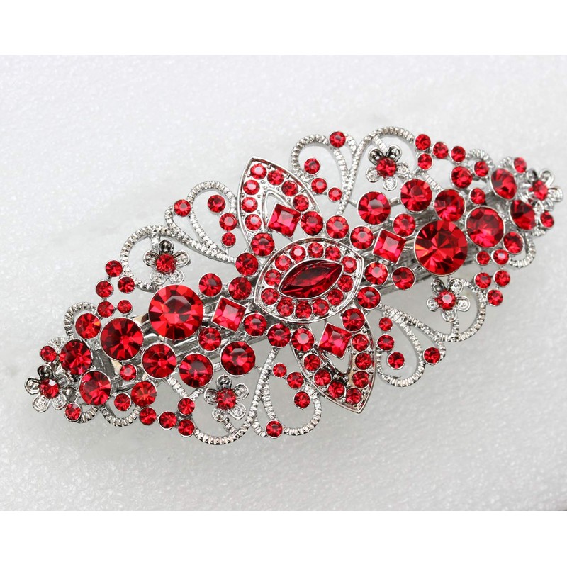 Faship Red Floral Crystal Hair Barrette Clip - Red