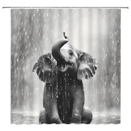 UOZXOML Elephant Shower Curtain African Funny Cute Wild Animal Playing in Rain Girls Boys Grey Fabric Bathroom Decor Curtains with Hooks,70 x 70