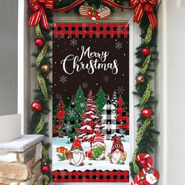 Red Plaid Christmas Door Cover,Merry Christmas Door Backdrop Gnome Holy Night Background Banner Christmas Tree Snowflake Door Hanging Covers for Christmas Xmas Home Door Decoration,180 x 90cm