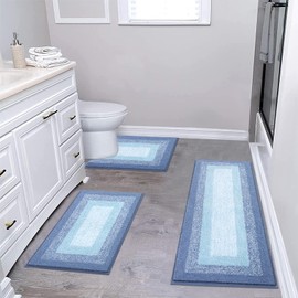 Bsmathom Microfiber Bathroom Rugs Sets 3 Piece, Non-Slip Absorbent Bath Mats, Soft Shaggy Bathroom Rugs with U-Shaped Toilet Rug Machine Washable Bath Rugs, Light Blue