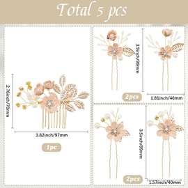 CABODYALS 5Pcs Pink Bridal Flower Hair Pins Combs Accessories Jewelry Kit Multi Style Exquisite Gold Floral Leaf Pearl Crystal Twist Barrette Pin for Women Brides Bridesmaid Prom Party Hairstyles