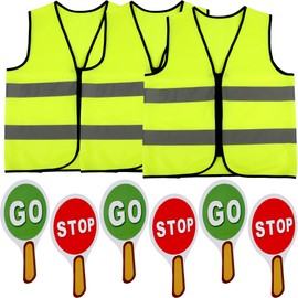 6 Pcs Kids Crossing Guard Set Include 3 Pcs Police Traffic Vest3 Pcs Handle Stop and Go Sign for Children Red Green Light Sign Traffic Theme Party Decor Teaching Traffic Safety