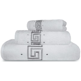 Decorative Greek Key 100% Cotton 3 Piece Set - 650 GSM - Soft and Absorbent - Embroidered Towels Gift Set - 1 Bath Towel, 1 Hand Towel, 1 Guest Towel - Hotel Collection Bathroom Towel (White)