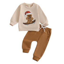 MAHUAOYIXI Toddler Boys Christmas Outfits Embroidery Gingerbread Man Long Sleeve Crew Neck Sweatshirts with Drawstring Pants 2Pcs Tracksuits Baby Boys Christmas Clothes (Khaki, 6-12 Months)