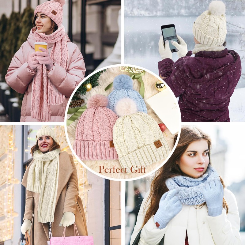 Womens Winter Beanie Hats Scarf Touchscreen Gloves Set Chenille Knit