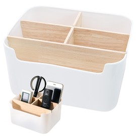 Bakiauli Desk Organiser, 5 Compartment Wooden Desk Tidy Organiser, Multifunctional Organiser Desktop Pen Organiser for Office School(White)