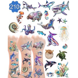 YanZonic 210Pcs Ocean Life Temporary Tattoos - Shark Tattoos Temporary for Kids, Whale Jellyfish Octopus Tattoo Non-Toxic, Under the Sea Party Decorations, Aquatic Marine,18 Sheets