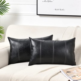 Fancy Homi 2 Packs Black Long Lumbar Faux Leather Decorative Throw Pillow Covers 12x24 Inch for Living Room Couch Bed Sofa, Boho Farmhouse Home Decor, Hand Stitched Rectangle Cushion Case 30x60 cm