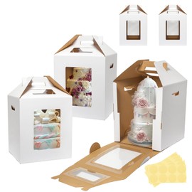 Wowxyz Wowxyz 5 Pack Tall Cake Boxes for Tier Cakes 14x14x16 Inch Disposable Layer Tall Baking Carrier with Window Large Tierd Bakery Take Out Transport Containers with Handle for Wedding, Birthday, Party