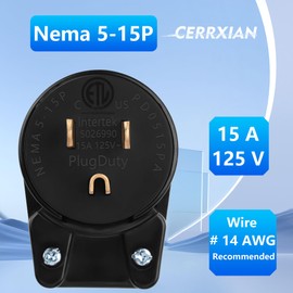 CERRXIAN 90 Degree USA Canada Nema 5-15P 3-Prong Angle DIY Plug, NEMA 5-15P 15A 125V AC Plug, USA 3 Pole Rotatable Right Angle Adapter (1)