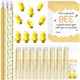 Fuyoooo Back to School Gifts for Students 60 Cute Bee Pencils 60 Students Erasers 3D Bee Erasers 30 Welcome Greeting Cards with 30 Bags Classroom Gifts First Day of School Stationery Supplies