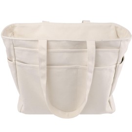 SIMLLFURLL Canvas Tote Bag for Women with Zipper and Compartments Crossbody Large Bible Messenger Purse Bag With Pockets (Beige)