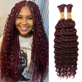Human Braiding Hair 16 Inch 100g Burgundy Deep Wave Bulk Human Hair for Braiding No Weft Curly Bundles Human Hair Extensions for Boho Knotless Braids Wet and Wavy Braiding Hair (99j)
