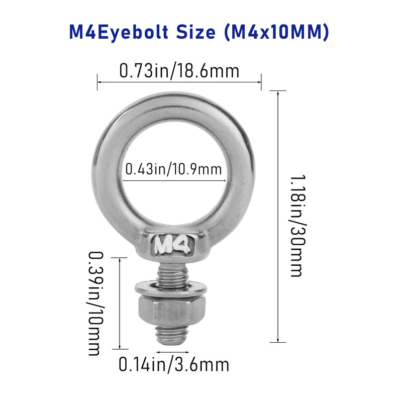10 Pack M4 Eyebolt with Nut, M4 Screw Eye Bolts