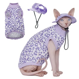 Sphynx Cat Shirt &Sun Hat Set, Breathable Stretchy Cat Clothes Suit, Soft Hairless Cats Shirt, Sleeveless Suit for Cats (Purple leopard pattern, Small) (Purple Leopard Pattern, M(3.5-5lbs))