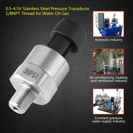 Pressure Transducer, 1/8NPT Thread Stainless Steel Pressure Transducer Sender Sensor 30/100 /150/200/300/500 psi for Oil Fuel Air Water(30psi)