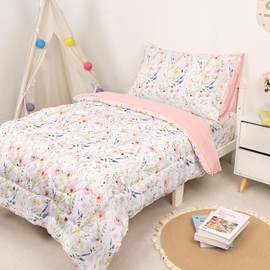 CARUILI 4 Piece Toddler Bedding Set for Girls, Boho Toddler Bed Comforter Set, Ultra Soft & Breathable Crib Bedding Includes Quilted Comforter, Flat Sheet, Fitted Sheet, Pillowcases, Flower