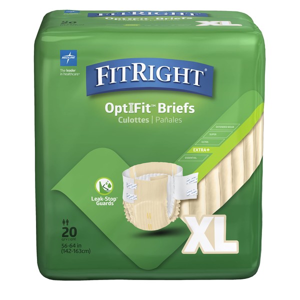 FitRight OptiFit Extra+ Adult Diapers with leak stop guards, Disposable Incontinence Briefs with Tabs, Moderate Absorbency, X-Large, 57"-66", 20 count (Pack of 4)