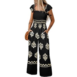 Happy Sailed Black Jumpsuit for Women Dressy Casual Spring Summer Square Neck Short Sleeve Graphic Printed Boho Jumpsuits Baggy Overalls Wide Leg Long Pants Rompers Beach Vacation Outfits 2025 Medium
