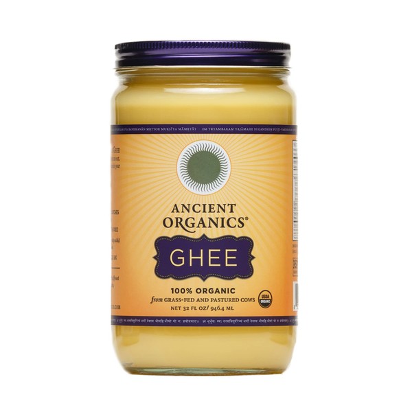 Ancient Organics Ghee, Organic Grass Fed Ghee Butter – Gluten Free Ghee, Clarified Butter, Vitamins & Omegas, Lactose Reduced, 100% Certified Organic, Kosher, USDA Certified – 32 Fl Oz (Pack of 1)