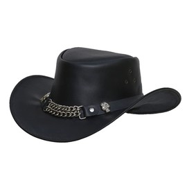 LuxHide Cowboy Western Cow Hide Top Grain Leather Handcrafted Skull Top Hat (Large, l) Black