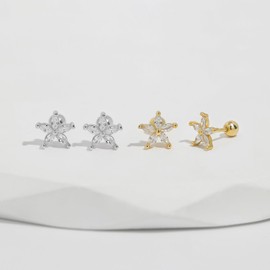 Meissa Flower Screw Back Earrings for Women, Sterling Silver Hypoallergenic Studs with Cubic Zirconia, Cartilage Earrings Set for Multiple Piercings, Gold