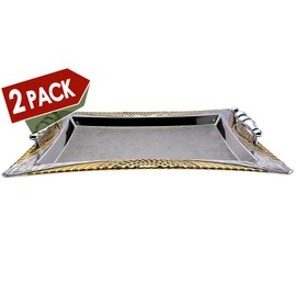 MARO MEGASTORE (Pack of 2 13.4 inch x 9.1 inch Star Shape Antique Decorative Style Mirrored Chrome Plated Silver Serving Tray with Handles Floral Engraved Iron Gold Edge Decor Platter Plate CC-1655