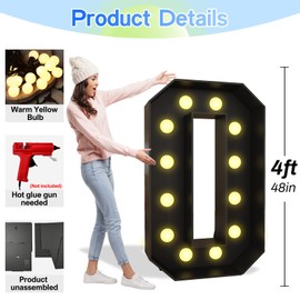 Froova 4FT Numbers Marquee 0, Black Large Light Up Number 4 Feet Tall, Big Mosaic Numbers 0 with Lights Cardboard Pre-Cut Frame Cut-Out Foam Board Sign Prom Party Birthday Anniversary 2025 Graduation