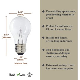 Luxsent Hollywood Vanity Mirror/Marquee A17 LED Decorative Bulb, Warm White 2700K, Outdoor Waterproof Shatterproof, 1 W Low Wattage (10W Equivalent), E26 Medium Base, 25 Pack