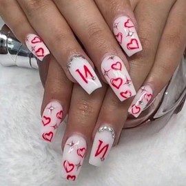 Valentine's Day Press on Nails Medium Square Fake Nails with Rhinestones Design Glossy Red Heart White Artificial False Nails Reusable Stick on Nails Valentine for Women DIY Manicure Decoration 24Pcs