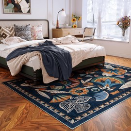 Zealude Egypt Floral Washable 5x7 Area Rug for Living Room, Large Boho Bedroom Dining Room Rugs for Under Table, Vintage Non Slip Soft Throw Carpet for Playroom Office Apartment (Dark Blue, 5 x 7)