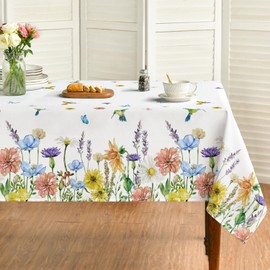 Horaldaily Spring Tablecloth 52×70 Inch, Floral Flowers Butterfly Birds Washable Table Cover for Party Picnic Dinner Decor