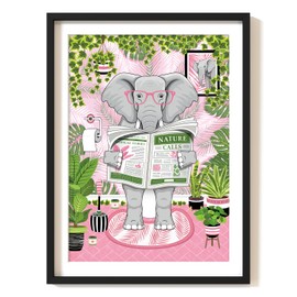 Parmaro Elephant Reading Newpaper Bathroom Print, Elephant Toilet Print, A4 UNFRAMED Print, Animal Bathroom Print, Pink Botanical Print, Tropical Bathroom Decor